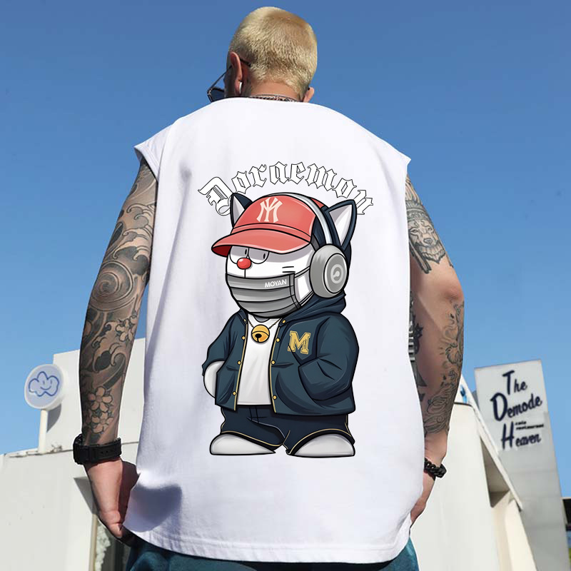 Summer Men's American Cartoon Cat & Letter Print Tank Tops | Trendy Casual Loose Cotton Sleeveless Tops
