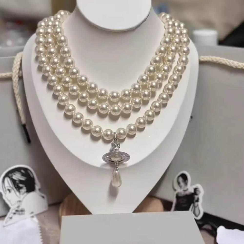 Designer High Version West Empress Dowagers Three-layer Droplet Pearl Necklace Light Luxury Fashionable High-end Exquisite and Versatile