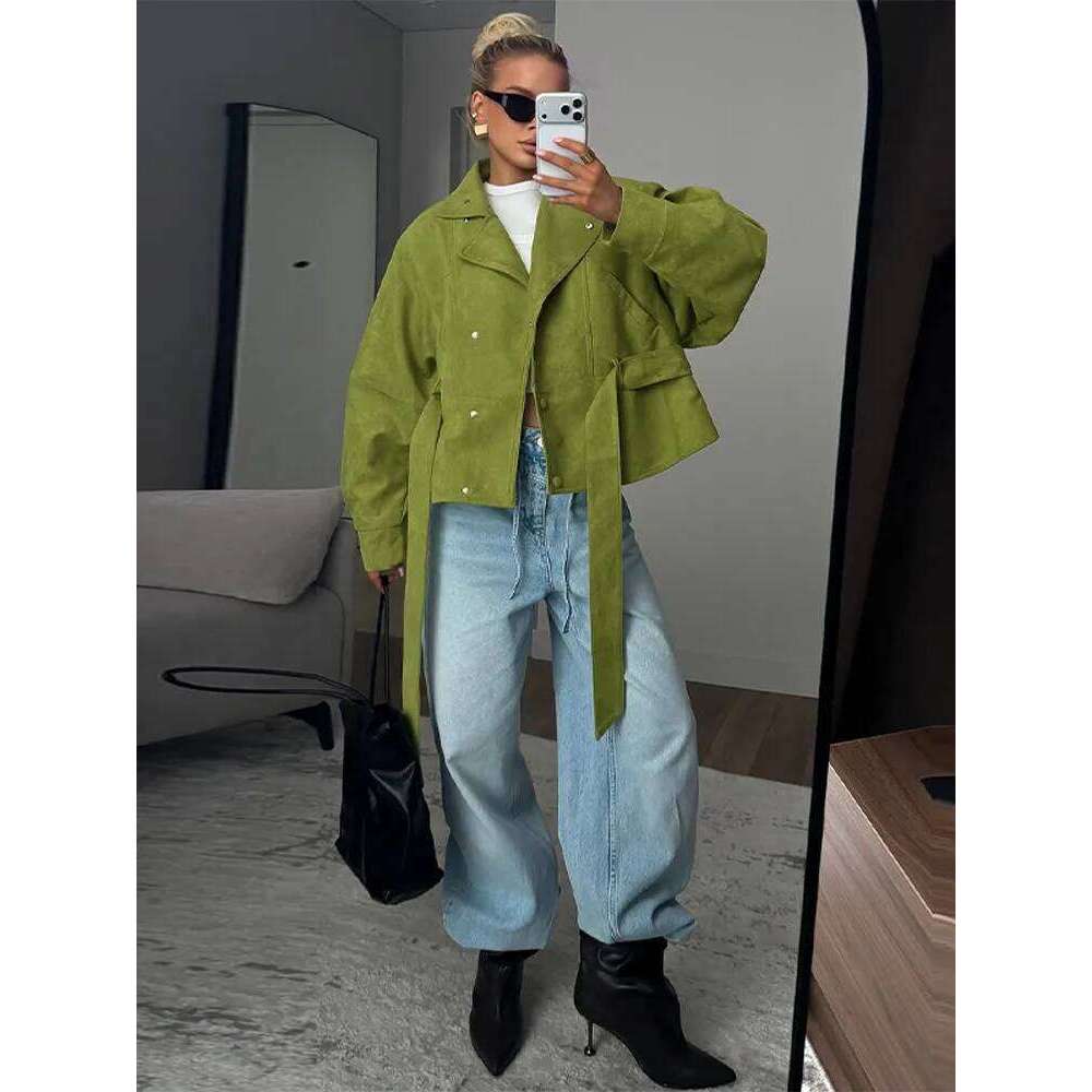 Vintage Women s Suede Jacket Lace Up Lapel Button Loose Long Sleeve Thick Female Coat Spring Autumn Lady Street Outwear New MAKOUFEI