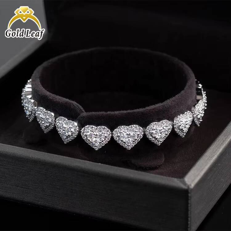 Goldleaf Jewelry 925 Sterling Silver Hiphop Heart Shape Moissanite Bracelet Bangles 8mm VVS Iced 8mm Cuban Link Chain