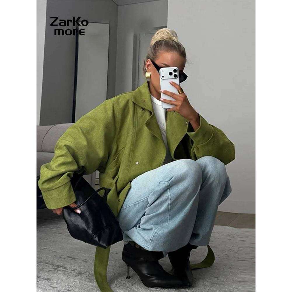 Vintage Women s Suede Jacket Lace Up Lapel Button Loose Long Sleeve Thick Female Coat Spring Autumn Lady Street Outwear New MAKOUFEI