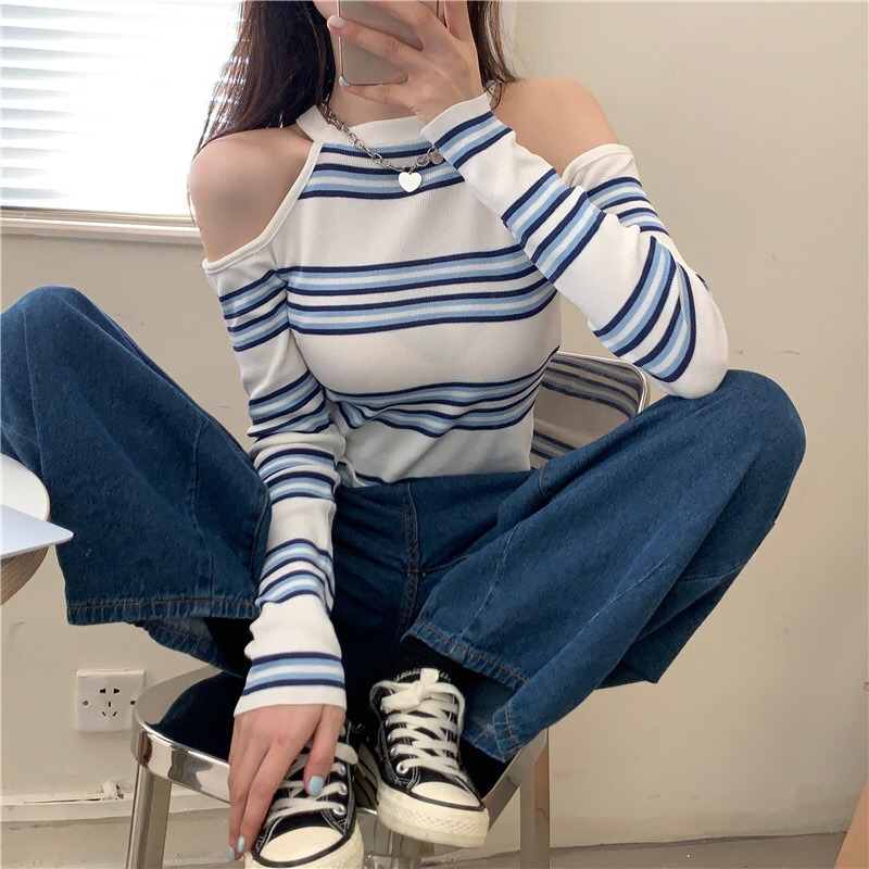 New Spring Collection Women's Knitted Shirt, Internet Famous, Popular, Hanging Neck, Off Shoulder, Striped Long Sleeve, Inner Undercover, Top