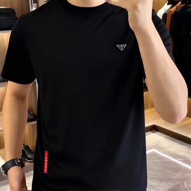 Designer Luxury European Casual Fashion Semi High Neck Designer T-shirt Men's Short Sleeved Summer Fashion Light Luxury Triangle Logo Badge Short