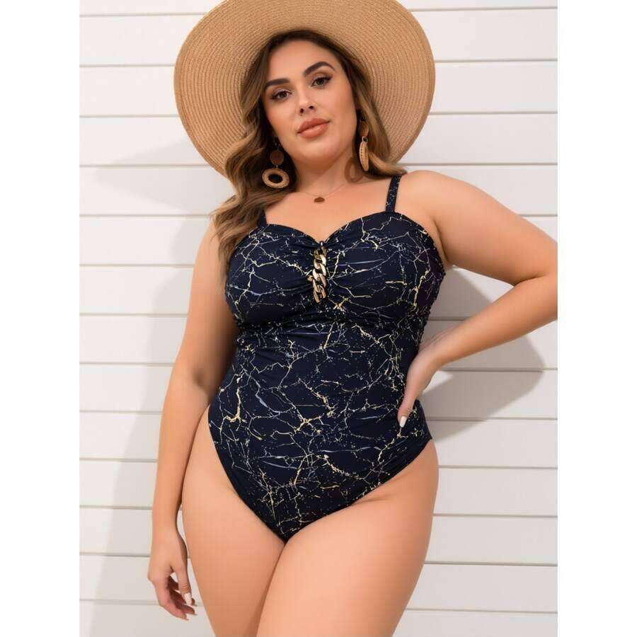 Plus Size Swimsuit Marble Print One Piece Bathing Suit With Gold Accent, Tummy Control, Stylish Beachwear For Women - Comfortable & Flattering Fit