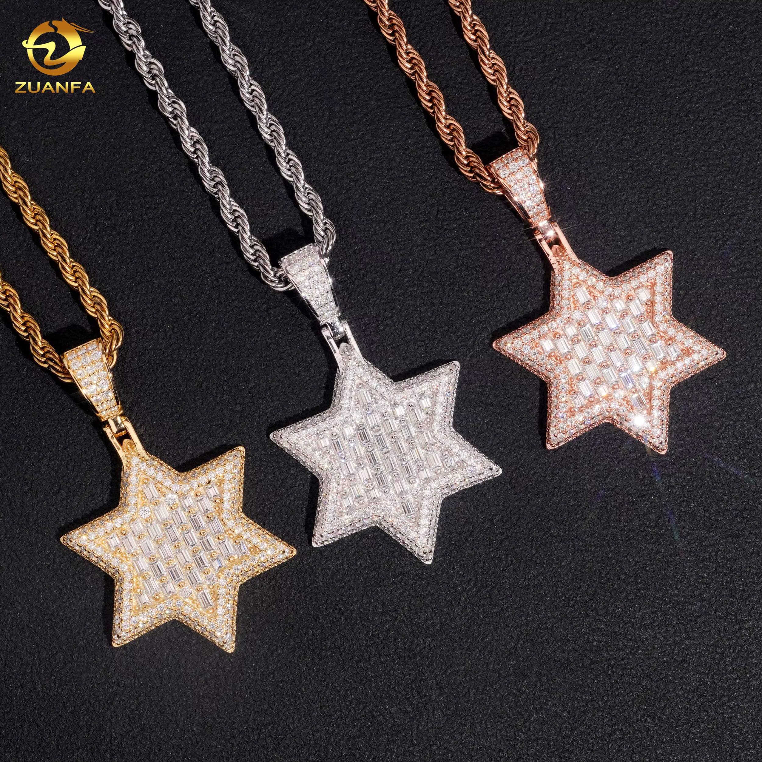 Fashion Fine Hip Hop Moissanite Jewelry Iced Out Pendant Star Design 925 Silver VVS Moissanite Baguette Diamond Jewelry Pendants