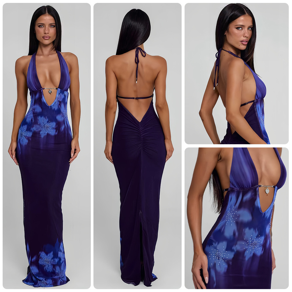 Urban Sexy Dresses Summer Backless Maxi Dress for Women Mesh Printed See Through Slim Beach Blue Long Club Party Vacation Outfits 230630