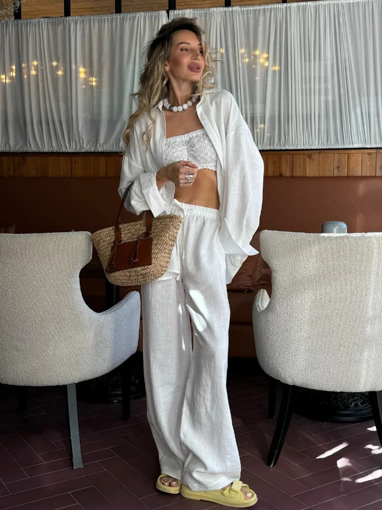 Solid Casual Cotton Linen Shirt Sets Chic Button Down Blouse Drawstring Wide Leg Trousers Suit Womens Summer Vacation Wear 260409