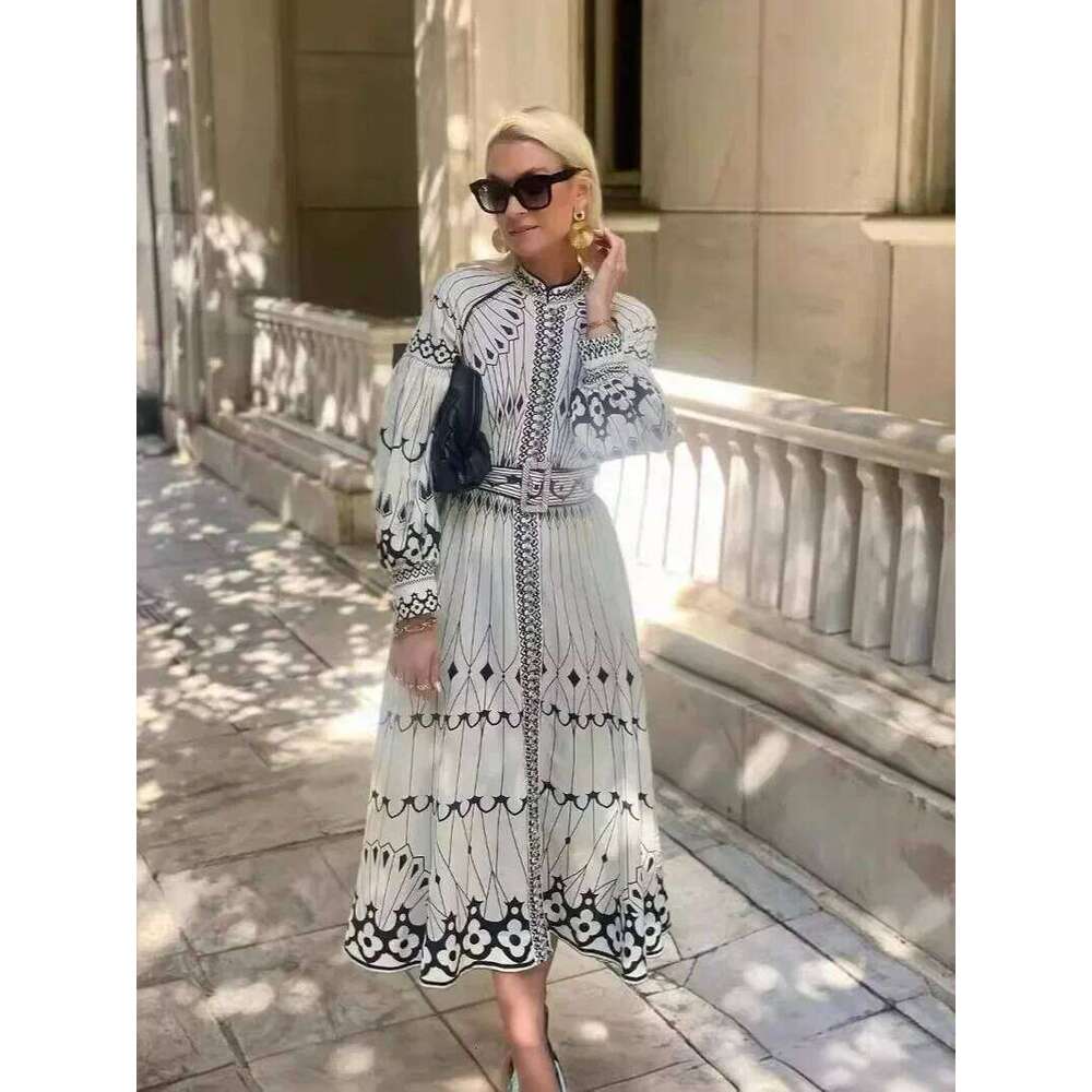 Retro Elegant Stand Collar Women Spring Pattern Print Belted Buckle Party Autumn Long Sleeve A Line Boho Dress MAKOUFEI