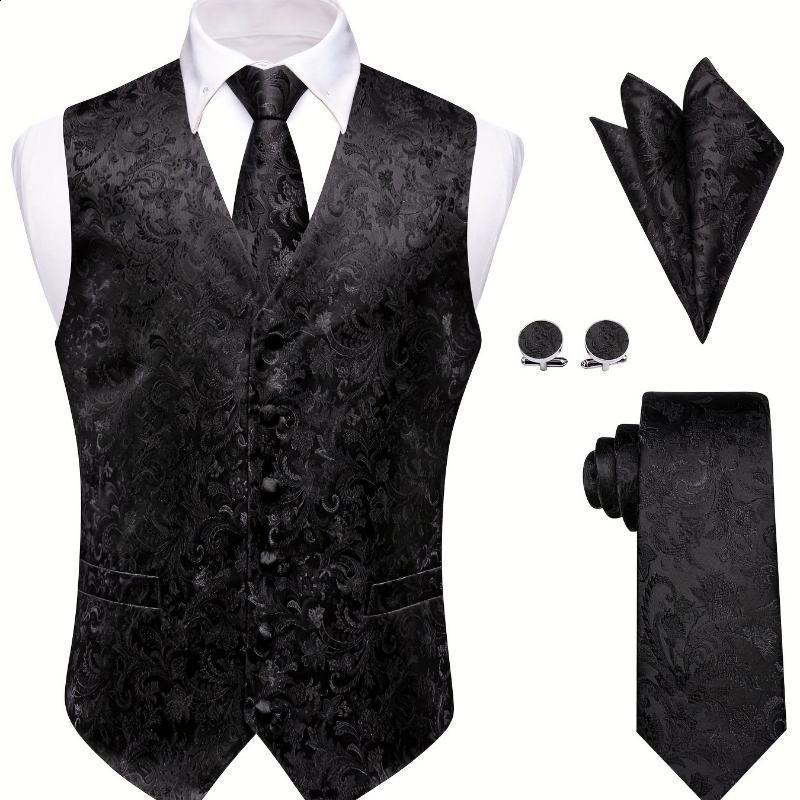 Mens black solid paisley suit vest with collar tie bracelet cufflinks formal waist belt for wedding ball evening dress 241010