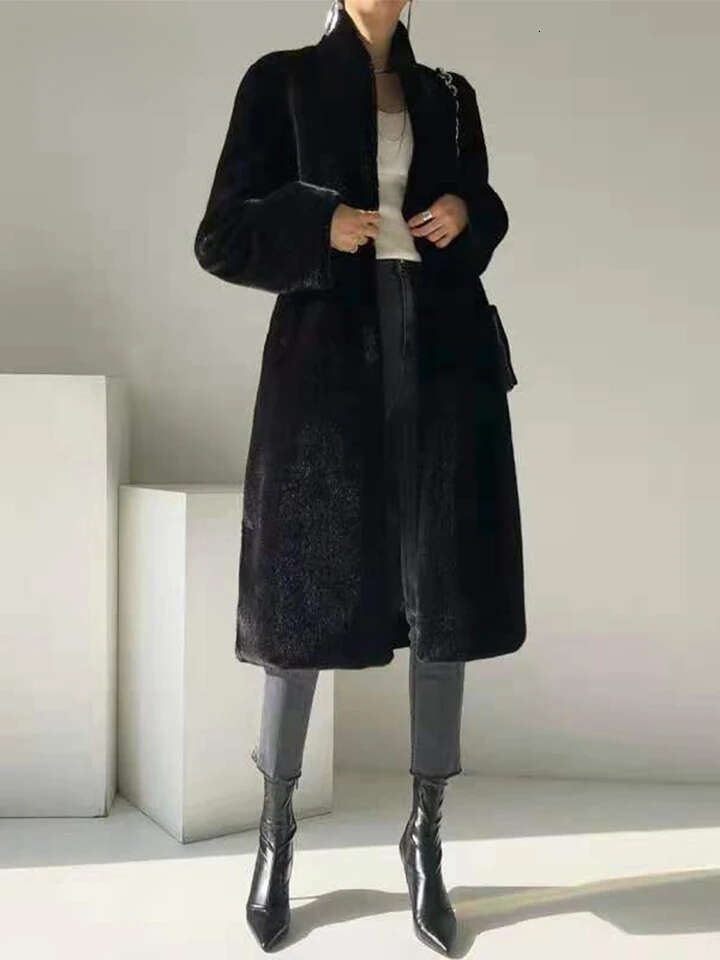 Lautaro Winter Long Black Luxury Elegant Stylish Thick Warm Fluffy Hairy Soft Faux Mink Fur Coat Women Stand Collar Sashes MAKOUFEI