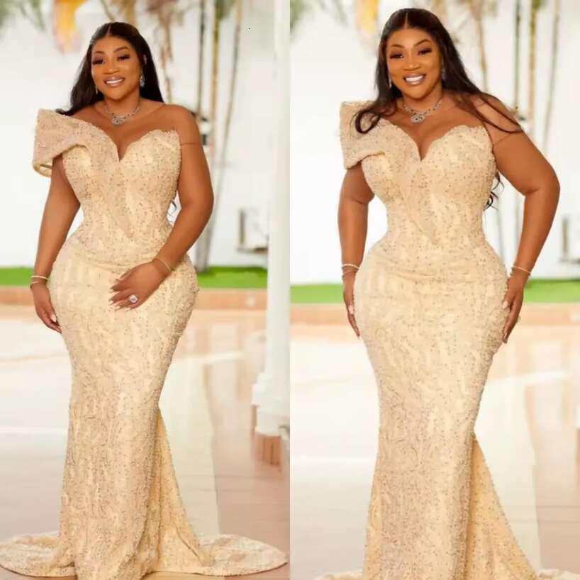 2026 Long Mermaid Prom Dresses Sequins Beaded Elegant One Shoulder Sheer Neck Special Occasion Formal Gowns Plus Size African Women Second Reception D