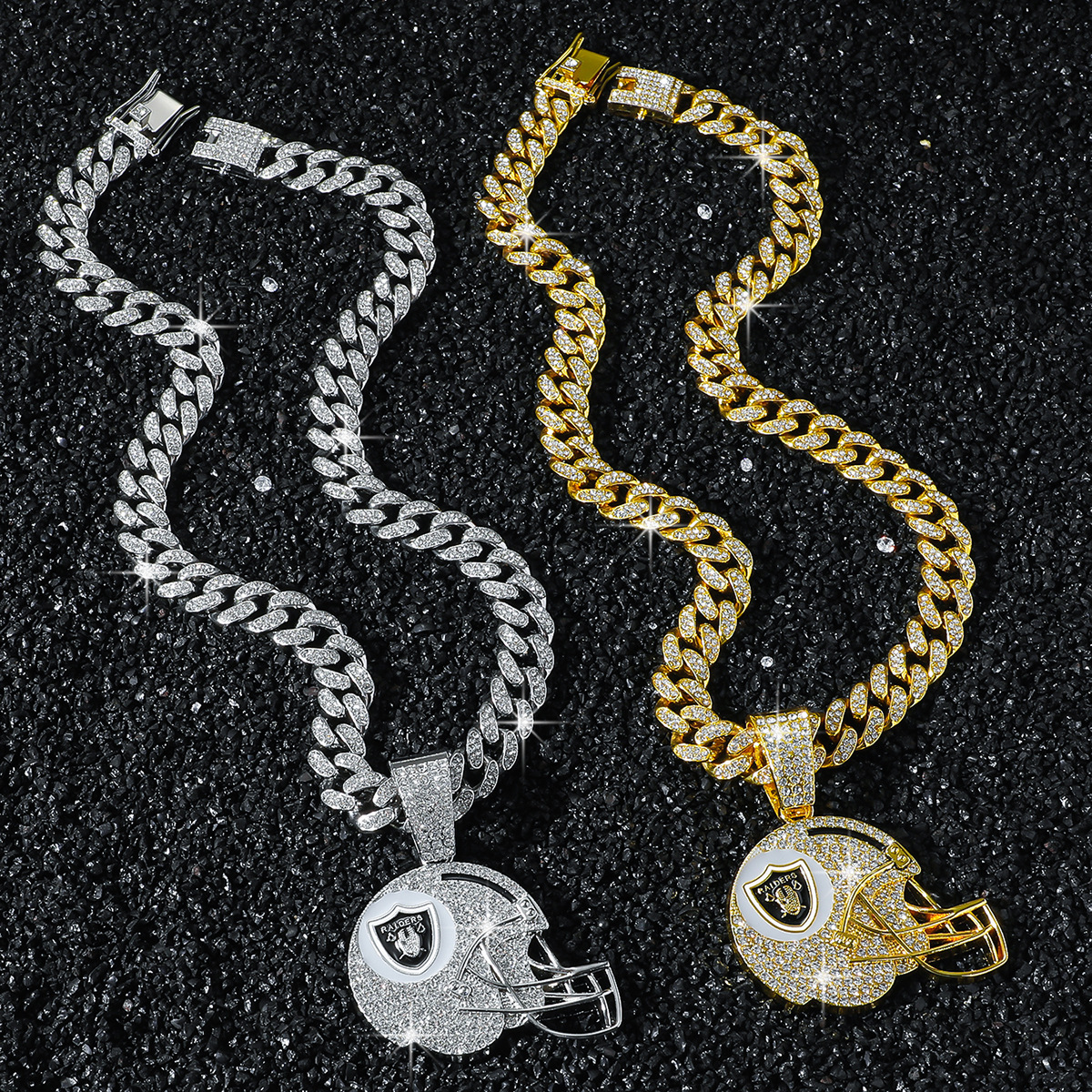 New mens full-diamond chain hip-hop style personalized helmet and football team logo pendant necklace - view 3