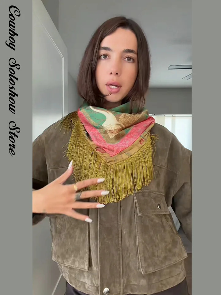 Vintage Printed Tassel Patchwork Square Scarf Women Green Fashion Casual High Street Spring Shawl 2026 260413