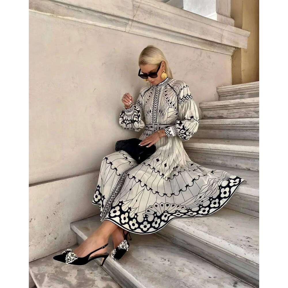 Retro Elegant Stand Collar Women Spring Pattern Print Belted Buckle Party Autumn Long Sleeve A Line Boho Dress MAKOUFEI