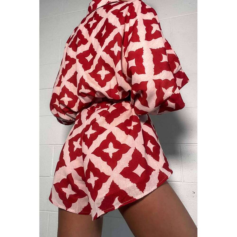 New Autumn Women casual Strap Jumpsuit Red Print Bow Tie Turndown Collar Loose Bodysuit Sexy Outfits Streetwear MAKOUFEI
