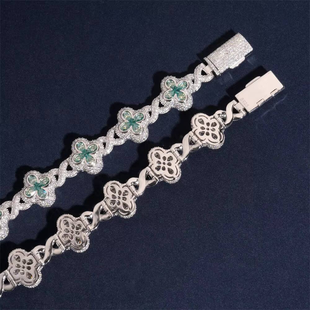 New Hip-Hop S925 Sterling Silver Moissanite Bracelet 18mm Four-Leaf Clover Cuban Chain Jewelry