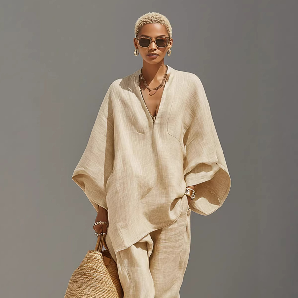 Luxury Brand Designer 2026 Spring Summer Women's Fashion Casual Loungewear Set Batwing Sleeve V-Neck Loose Comfy Beach Outfit Premium Elegant Str