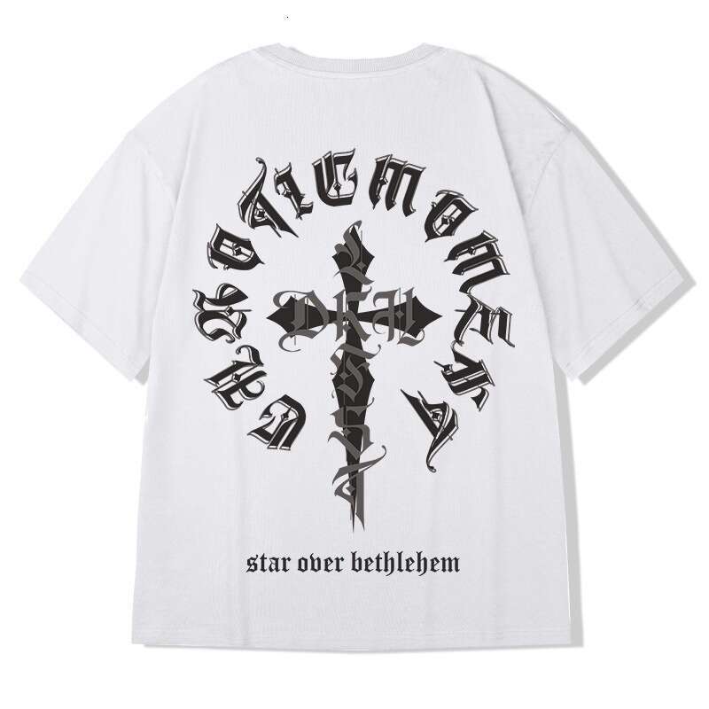 Men's Gothic Letter Cross Graphic Print Over-Sized T Shirt Summer Short Sleeve Crew Neck Hip Hop Style Loose Fit Casual Trendy Couple Daily Wear 