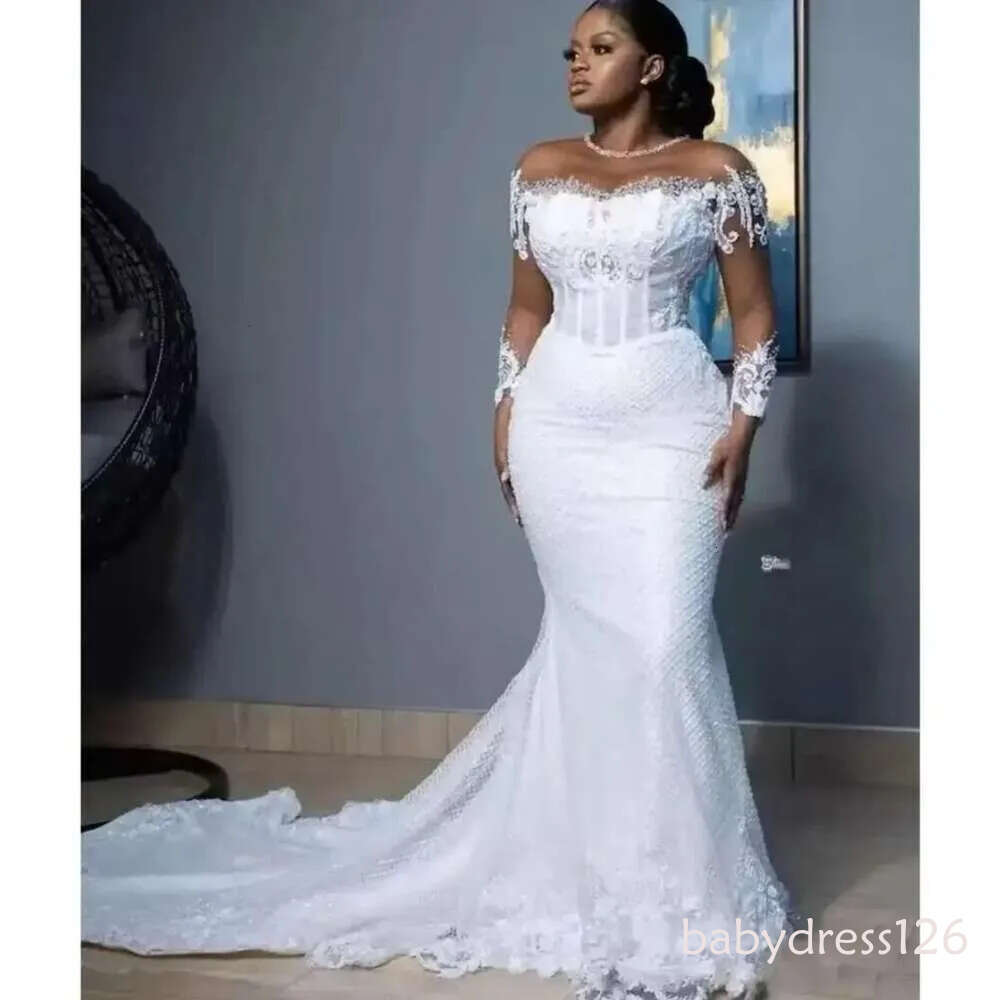 Beading Mermaid Wedding Dresses Women Elegant Sheer Long Sleeved African Bridal Gowns Lace Country Dress Second Reception Gown Plus Size BC14725 ZD19