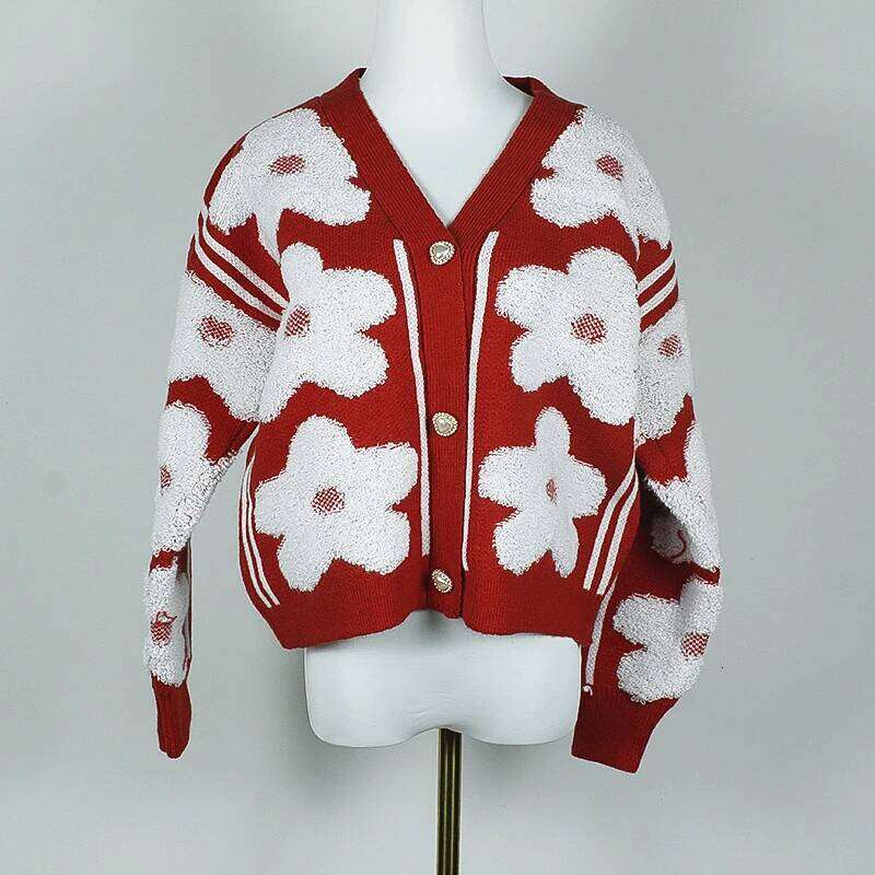 Flocked Flower New Red Knitted Cardigan Women Designer High-End Chic V-Neck Coat Sweater Mujer Casual Outerwear MAKOUFEI