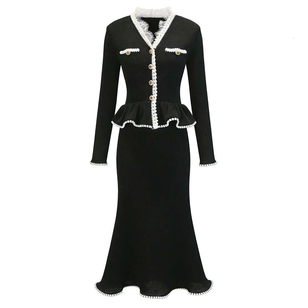 2026 Spring/Summer Designer Women's Elegant Contrast Lace V-neck French Slimming Long k30 Sleeve Knitted Dress
