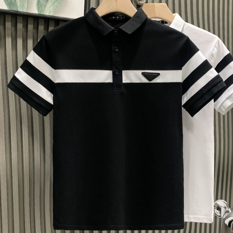 Black And White Striped Lapel Designer T-shirt Luxury Fashion Slim Fit Men's Business Short Sleeved Polo Shirt Outdoor Casual Trend Brand Versati