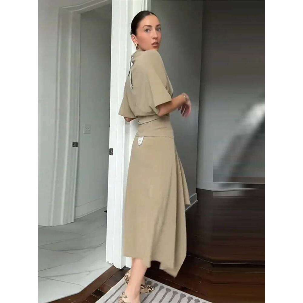 Elegant Irregular Hem Skirt Set Women Half Sleeve High Collar Slim Top Loose Long Skirts Spring Casual Chic Lady Outfits MAKOUFEI