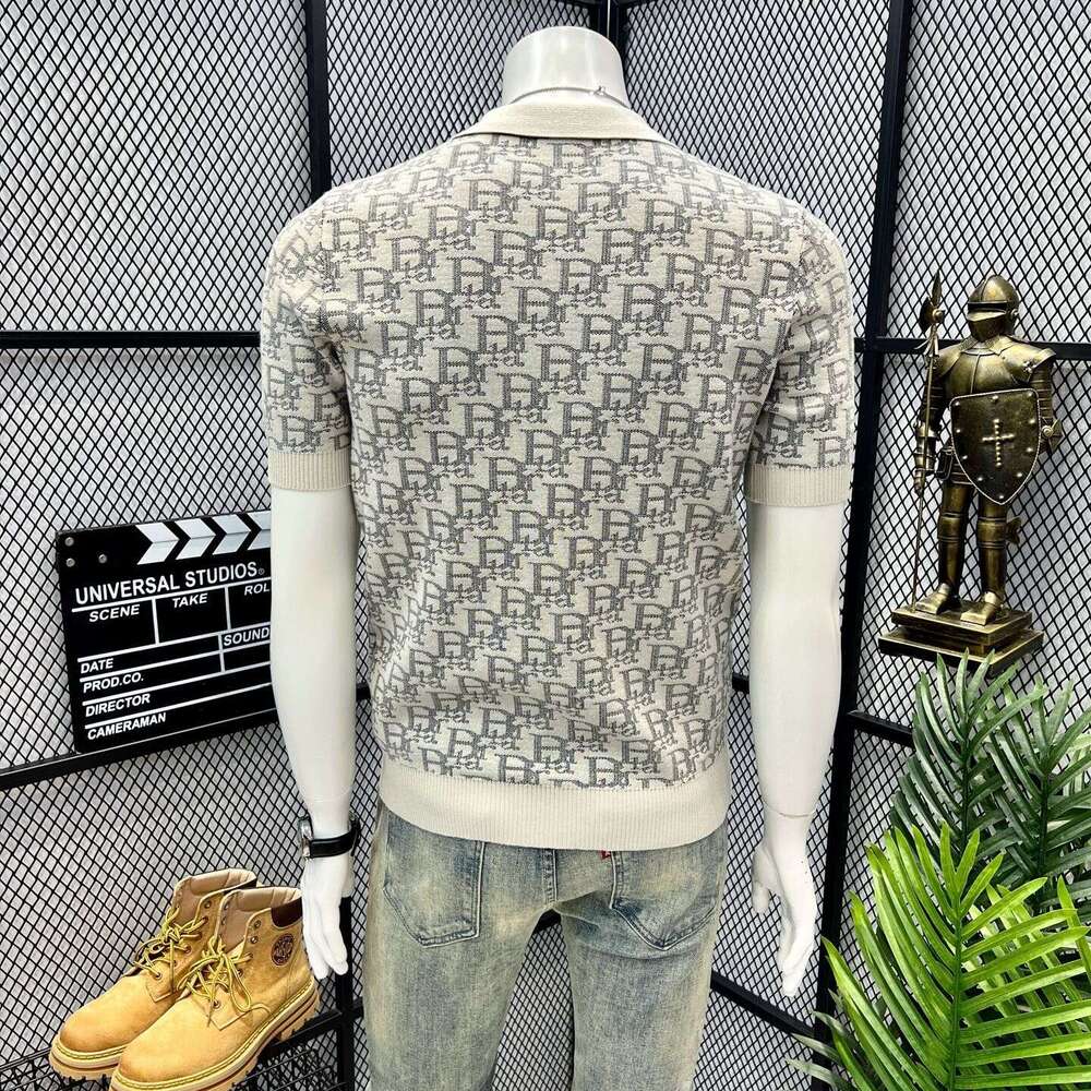 Old Money Style Summer Knitted Jacquard Polo Shirt For Men, Turn-Down Collar, Short Sleeve, Plus Size, Slim Fit, Business Sweater, Half-Sleeve Top