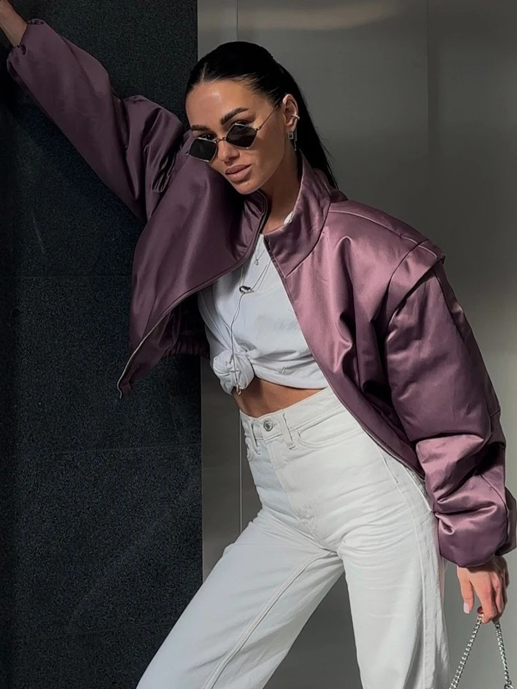 SLTNX Fashion Satin Bomber Jacket Women Mauve Puff Sleeve Cropped Zip Up Casual Outerwear 2026 Spring Lady Chic Street Coats 260414