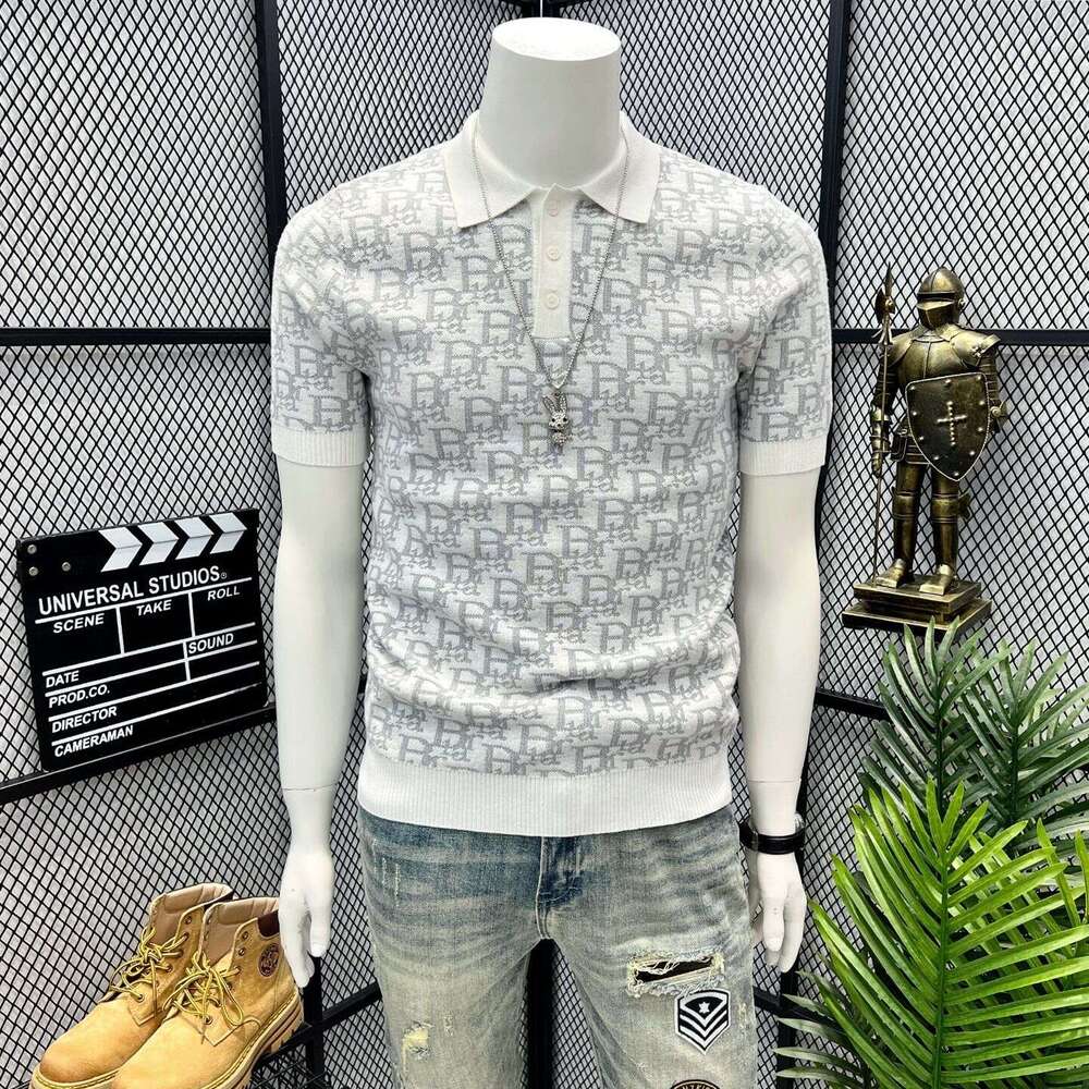 Old Money Style Summer Knitted Jacquard Polo Shirt For Men, Turn-Down Collar, Short Sleeve, Plus Size, Slim Fit, Business Sweater, Half-Sleeve Top