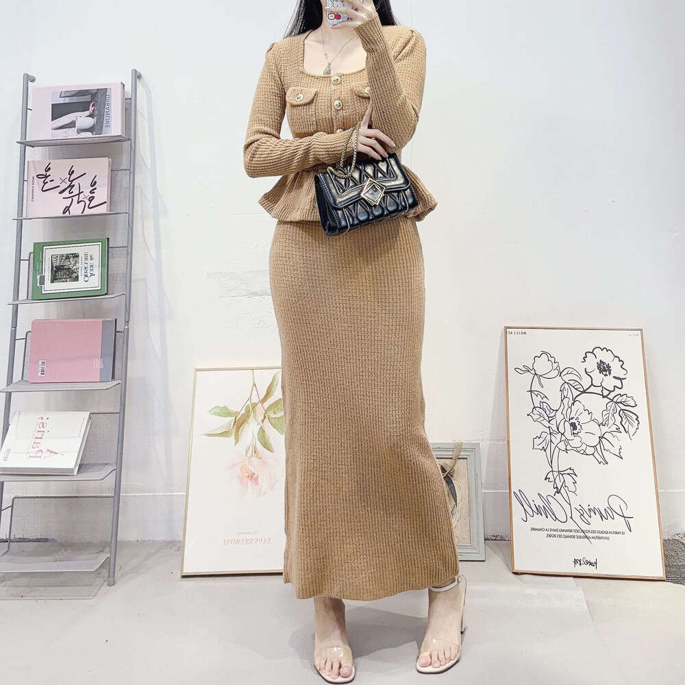 2026 Spring k30 New Women's French Style Light Luxury Square Neck Long Sleeve Slim Fit Faux Two-Piece Knit Dress