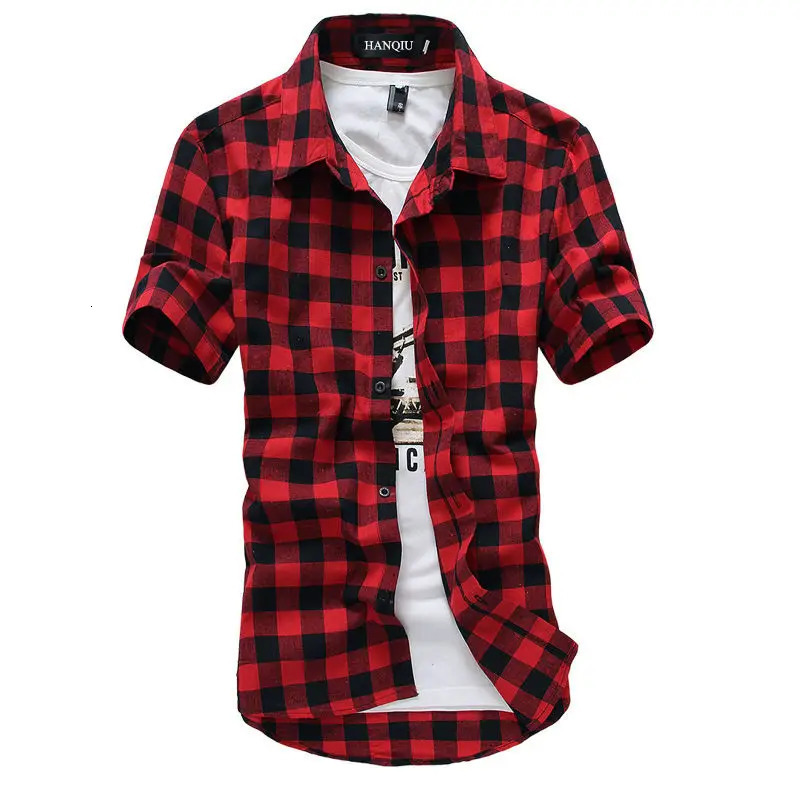 Mens Casual Plaid Flannel Shirt Short Sleeve Red Checkered Button Down Shirt for Daily Wear Streetwear 260413