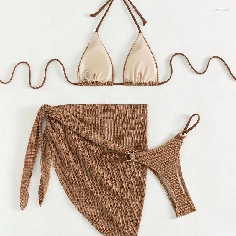 Women's Swimwear Sexy Brown Bikini Set Women Halter Push Up Bra Skirt 3 Piece Swimsuit Summer Bathing Suit Cover Thong Biquini