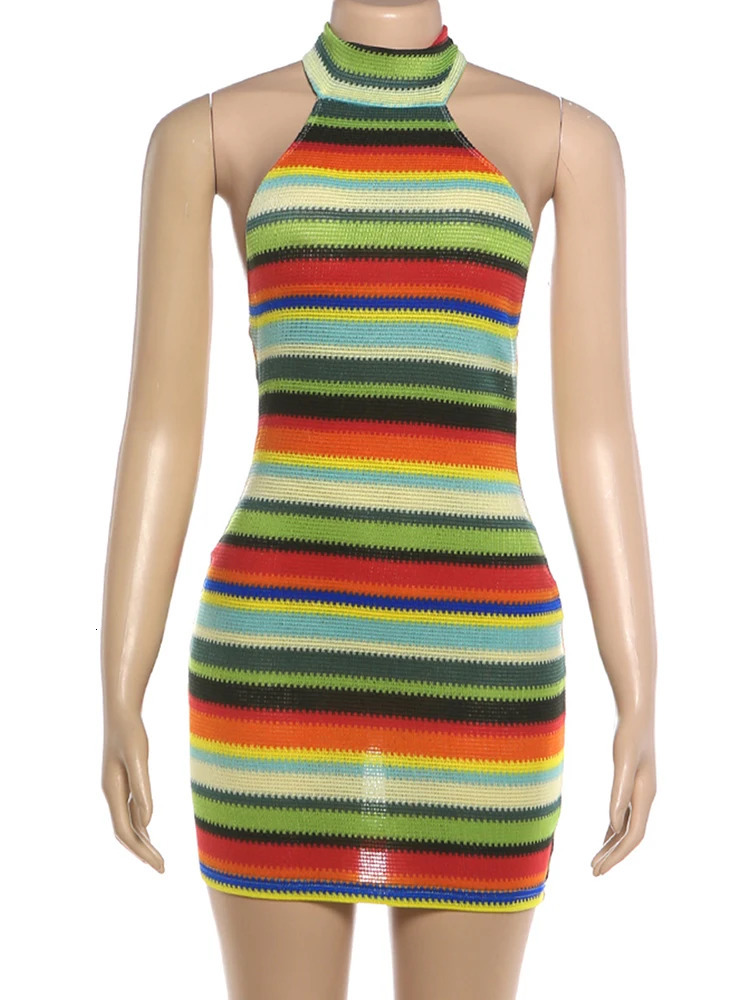 Kliou Stripe Patchwork Mini Dress Woman Bandage Halter Off Shoulder Backless Skinny Peach Hip Girls Street Fashion Bodycon 260413