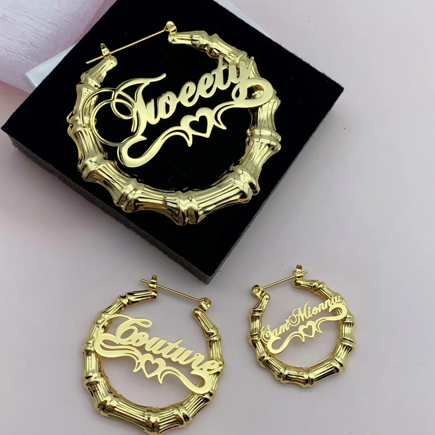 Bohemian Gold Bamboo Hoop Earrings, Personalized Name Engraving Custom Hoops for Beach Wear