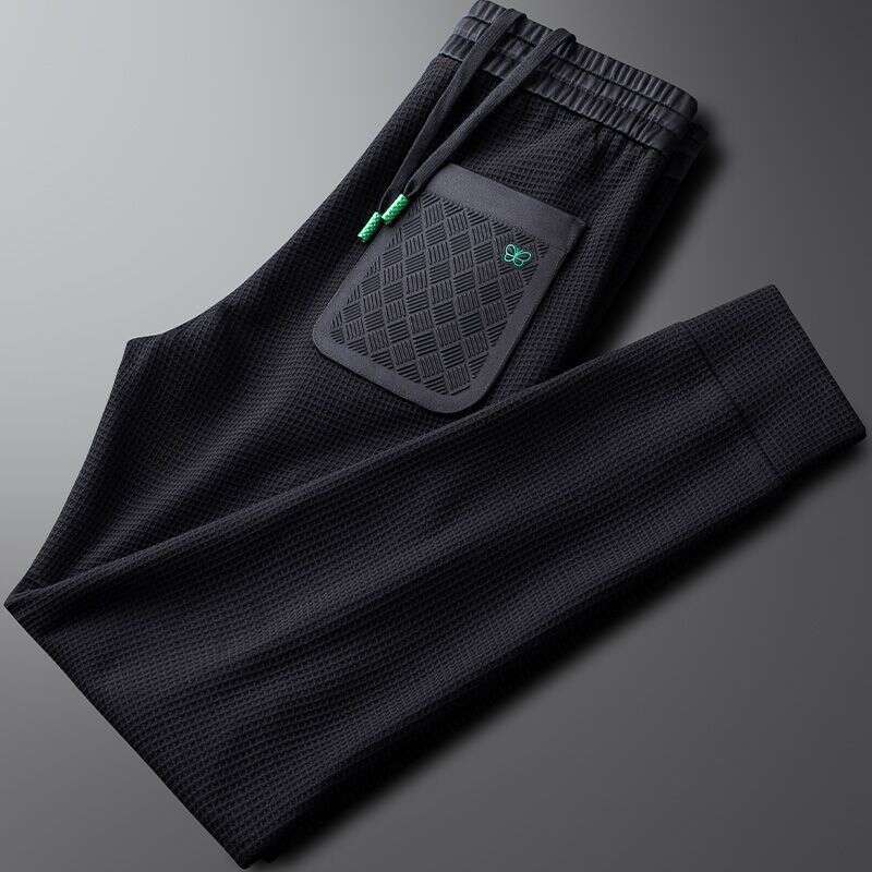 Men's Waffle Knit Geometric Embroidery Jogger Pants Spring Autumn Casual Slim Fit Cuffed Drawstring Soft Breathable Versatile Sports Trousers For