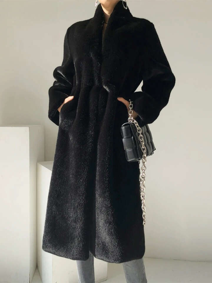 Lautaro Winter Long Black Luxury Elegant Stylish Thick Warm Fluffy Hairy Soft Faux Mink Fur Coat Women Stand Collar Sashes MAKOUFEI
