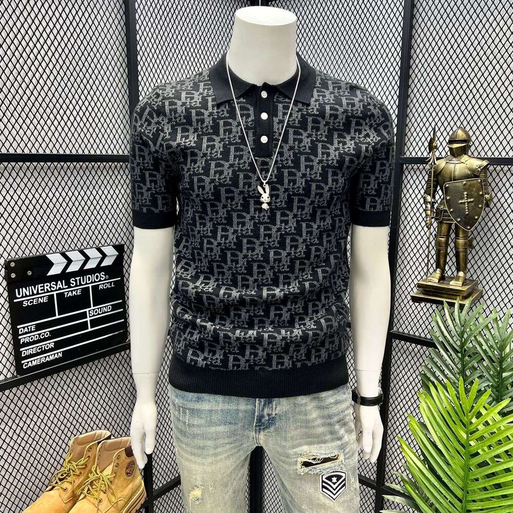 Old Money Style Summer Knitted Jacquard Polo Shirt For Men, Turn-Down Collar, Short Sleeve, Plus Size, Slim Fit, Business Sweater, Half-Sleeve Top