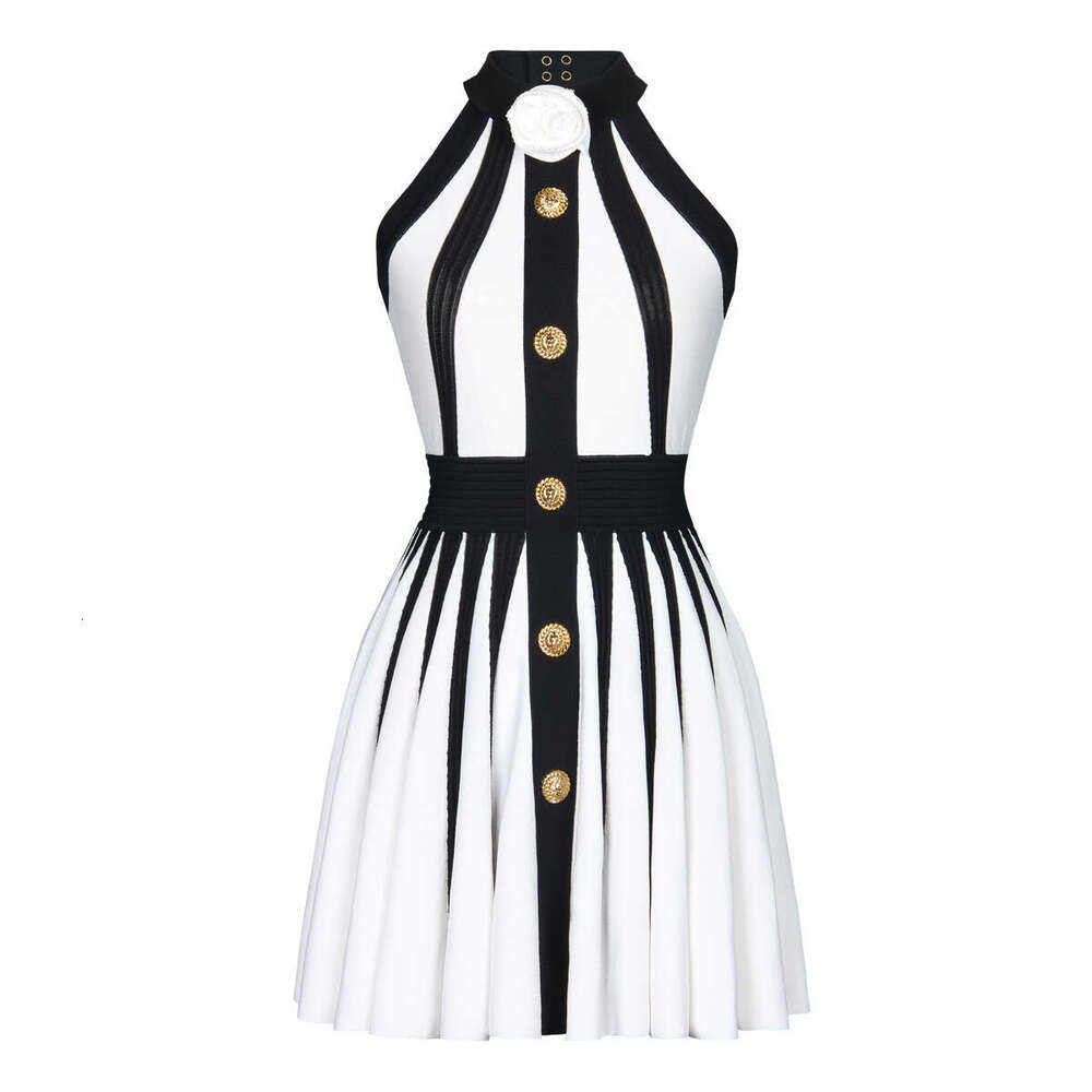 Summer new designer women's sleeveless 3D floral slim knit backless collar dress with k30 back zipper