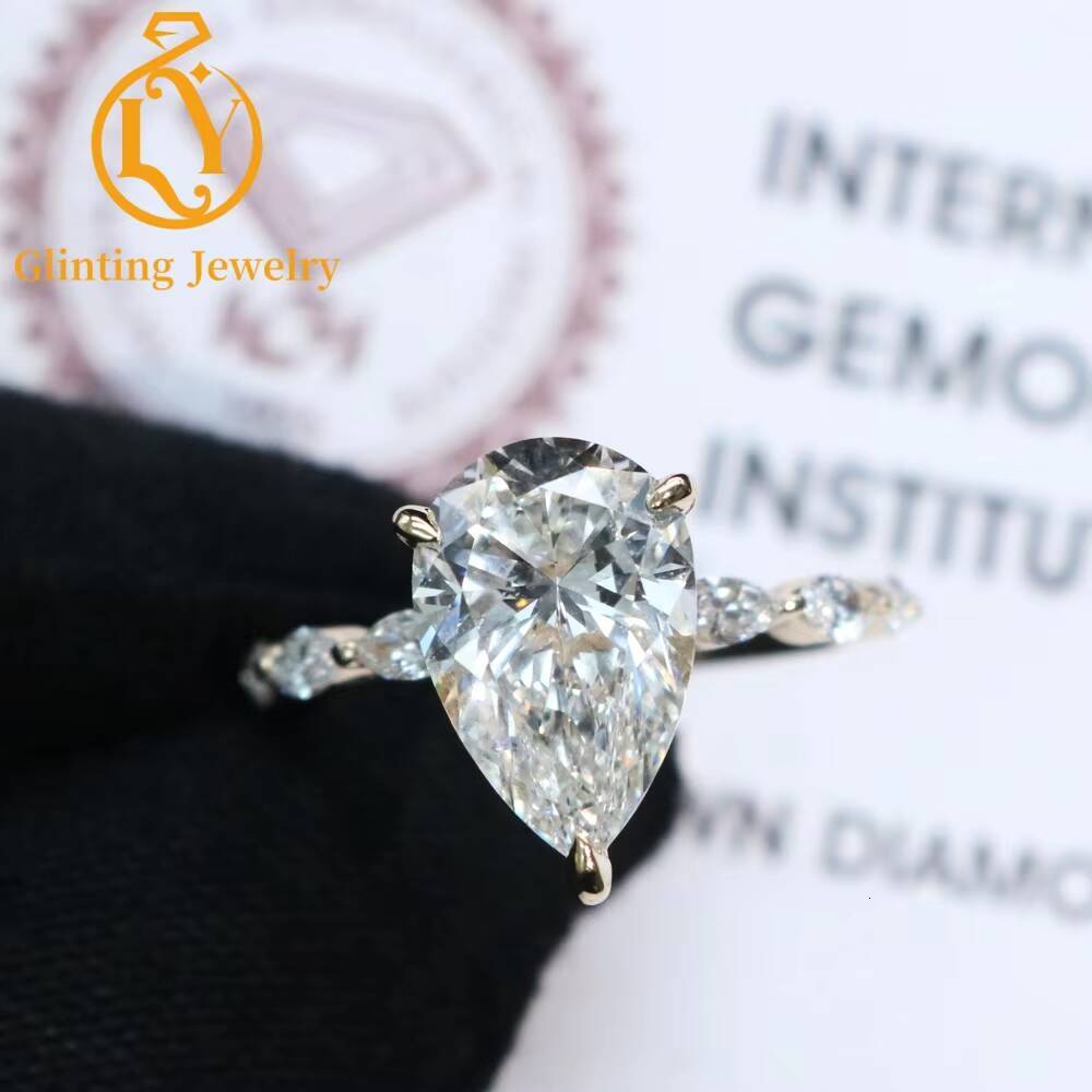 Hot Selling Luxury 2CT 3CT 5Carats Pear Cut Engagement Ring Iced Diamond IGI Certified Cvd Lab Grown Rhodium Plated 14K Gold