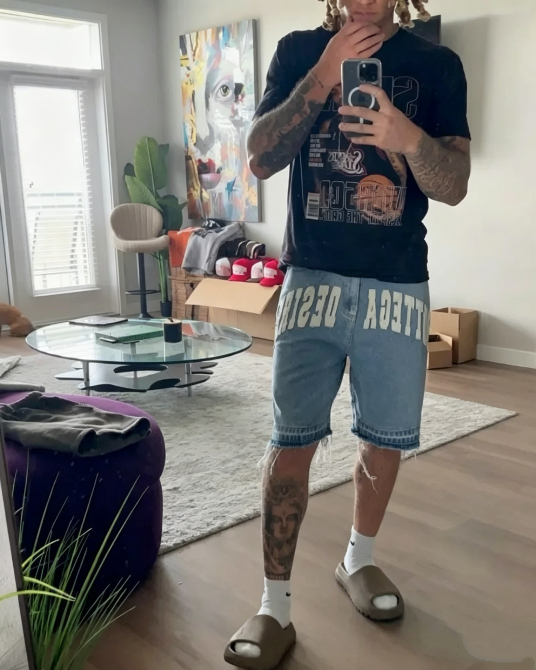 Men's Shorts American street style lettering embroidered vintage denim shorts Y2K casual embroidered bone denim shorts unisex