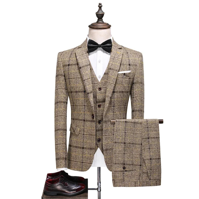 Traje De Hombre Elegante Blazer Vest Pants Mens Fashion Business Gentleman Wedding Casual Plaid Cotton Linen British Suit 260413