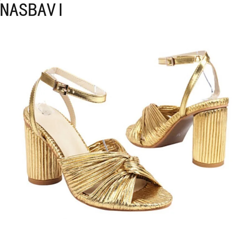 NASBAVI Straps Womens Sandals Summer Shoes y Peep Toe Flip Flops Round High Heels Gold Party Dance Wedding Ladies 260414