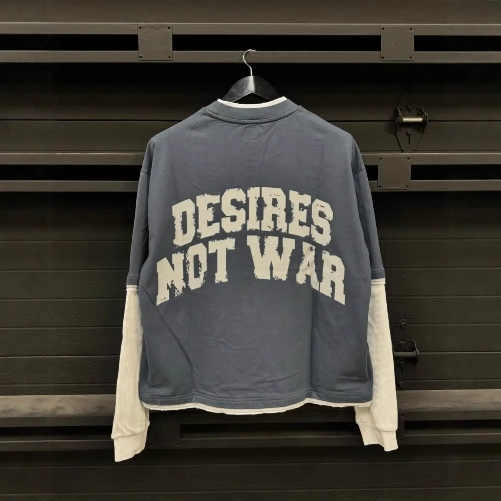Men's T-Shirts Street Y2K Fashion Letter Printed Cotton Round Neck Double Layer Long Sleeve T-shirt Men Trendy Brand Casual Loose Oversized Top W