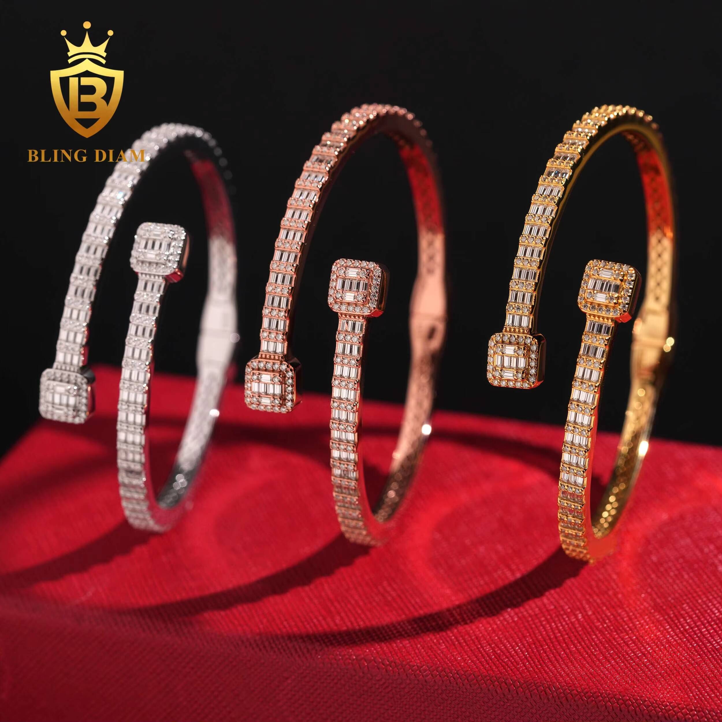 Pass Diamond Tester Fine Jewelry Square S925 Silver Gold Plated VVS Baguette Moissanite Diamond Bangle Bracelet Men Women