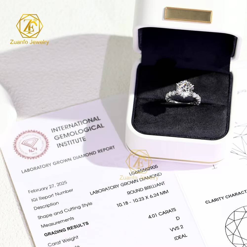 High Quality Custom 14K/18K Solid White Gold 1CT-5CT Round Cut Lab-Grown Diamond Ring IGI Certificate for Engagement Wedding