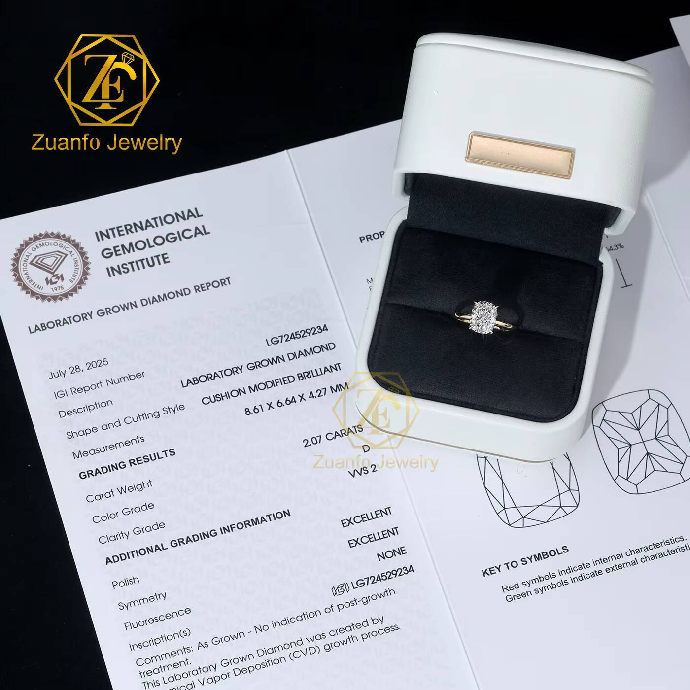 Luxury Jewelry 1-5 Ct HPHT CVD Cushion Cut DEF VVS/VS Lab Grown Diamond Solitaire Diamond Ring for Wedding Engagement