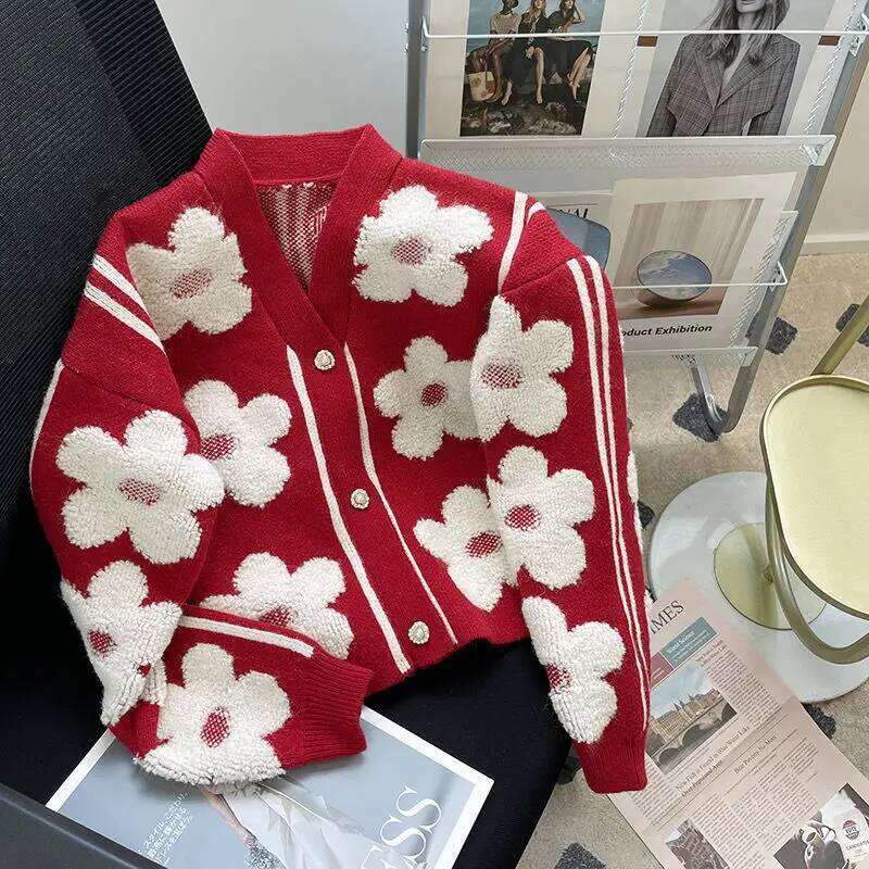 Flocked Flower New Red Knitted Cardigan Women Designer High-End Chic V-Neck Coat Sweater Mujer Casual Outerwear MAKOUFEI
