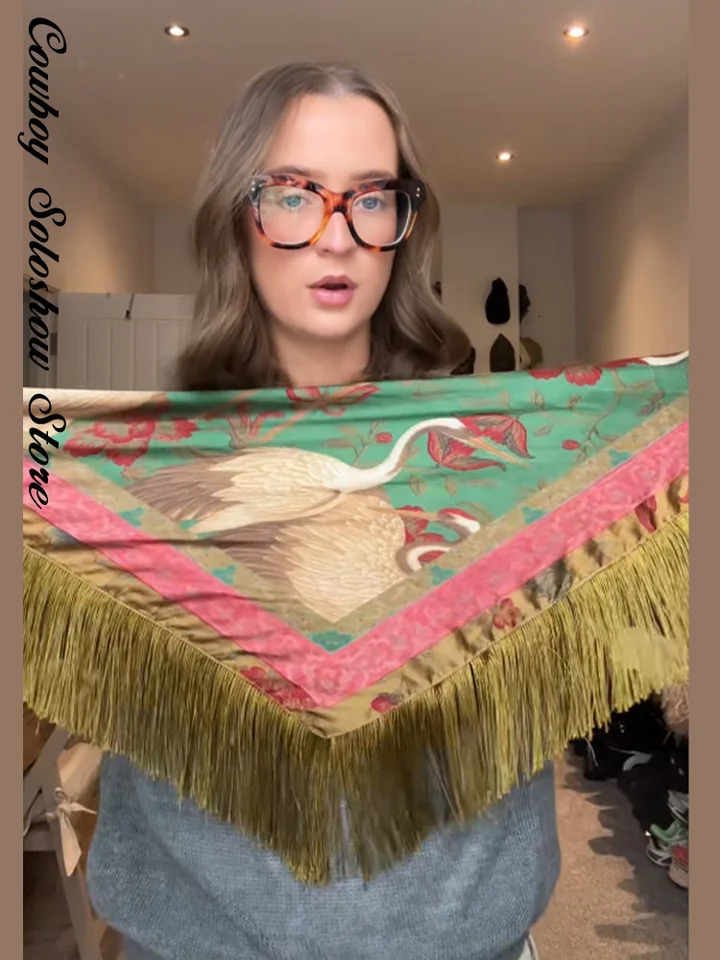 Vintage Printed Tassel Patchwork Square Scarf Women Green Fashion Casual High Street Spring Shawl 2026 260413