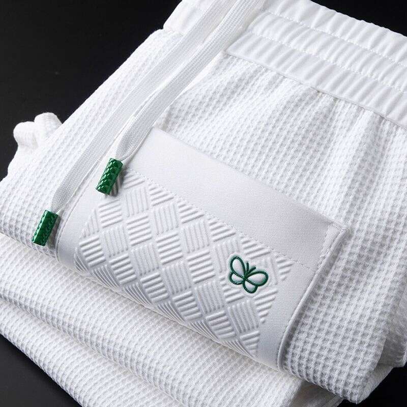 Men's Waffle Knit Geometric Embroidery Jogger Pants Spring Autumn Casual Slim Fit Cuffed Drawstring Soft Breathable Versatile Sports Trousers For